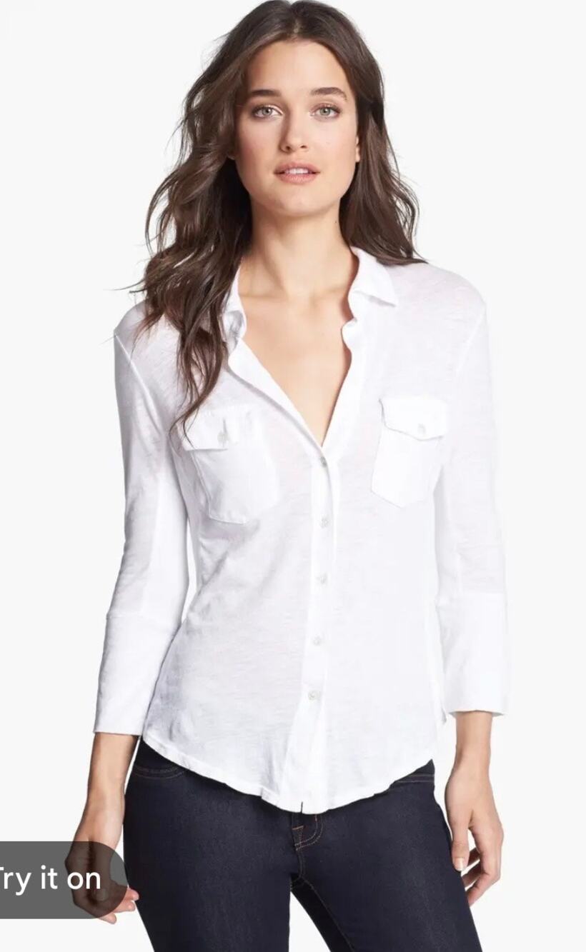James Perse 3/4 Sleeve Slub White Panel Button Down Size 3 (Large)